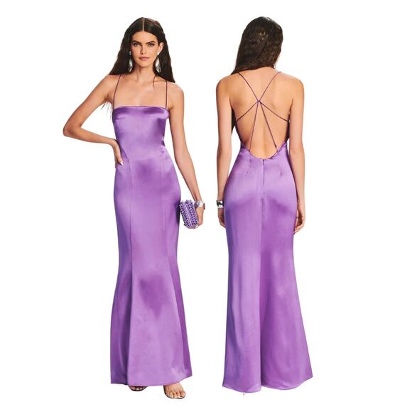 Retrofete Lucinda Maxi Dress Satin Square Neck Strappy Back Orchid Purple Size S